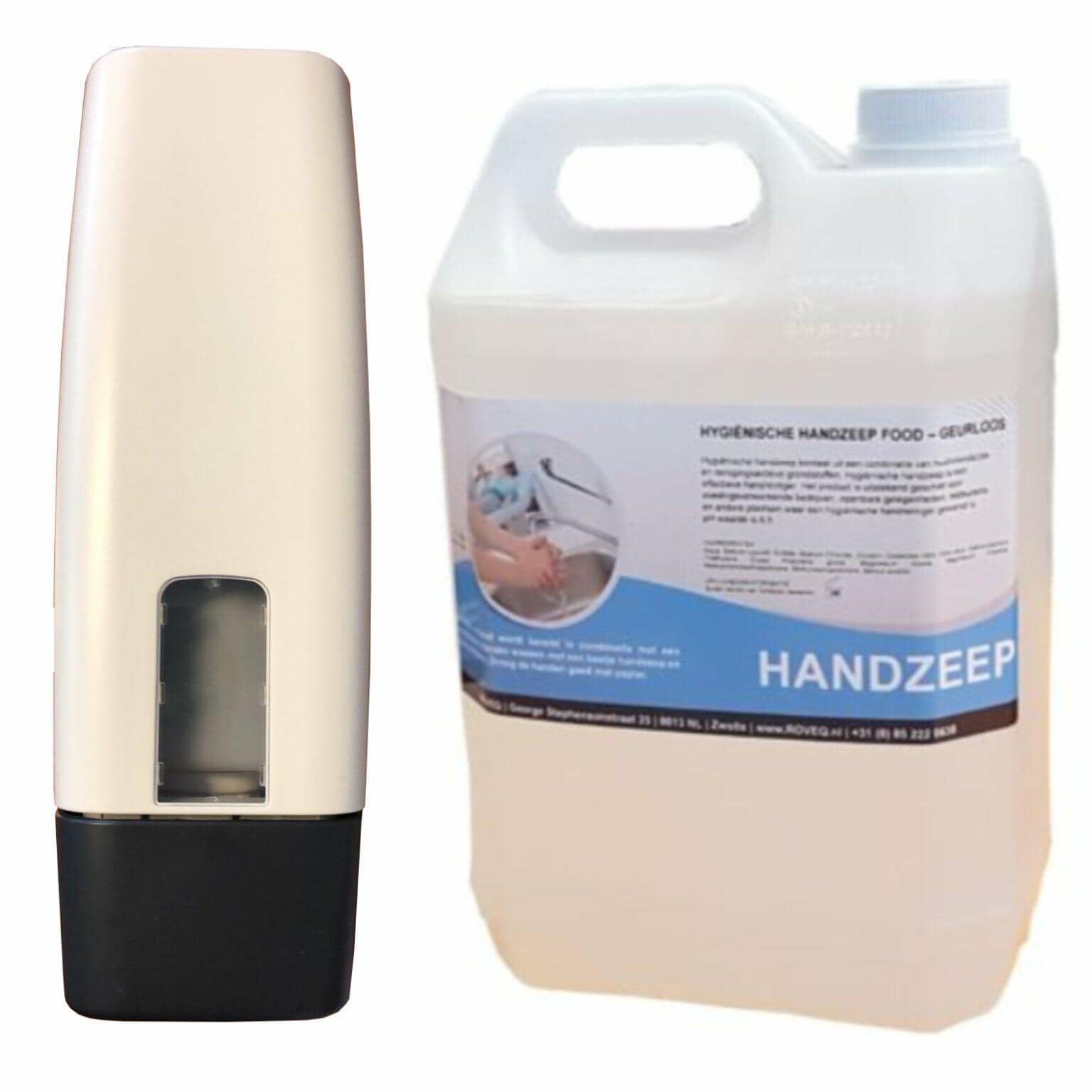 Navulbare zeepdispenser zwart-wit 1 liter + 5 liter handzeep food