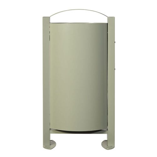 Vooraanzicht van ARKEA vaste afvalbak 60 liter cementgrijs met duurzame stalen behuizing.