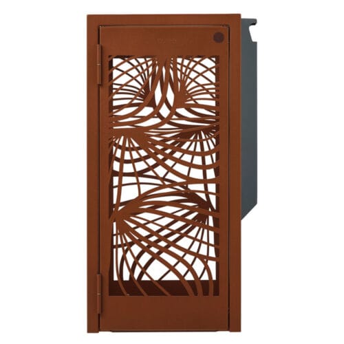 Vooraanzicht BELLA afvalbak 110L met asbak, cortenstaal-effect en decoratief bladmotief.