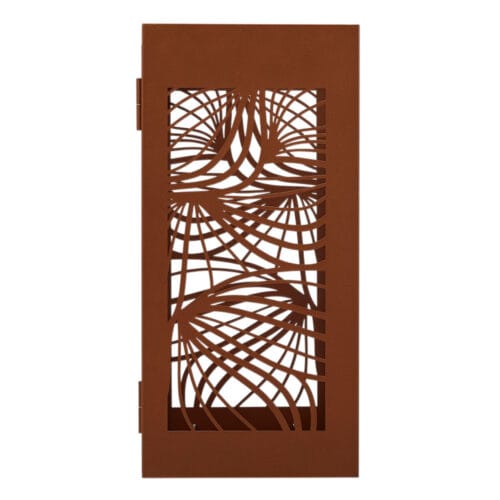 Zijaanzicht van BELLA afvalbak 110L met cortenstaal-effect en decoratief metalen patroon.