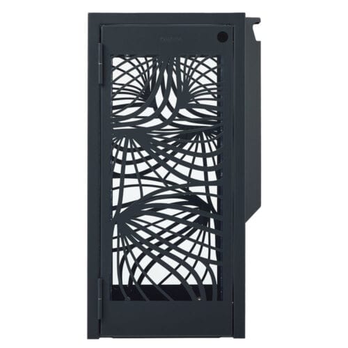 Vooraanzicht van BELLA afvalbak 110L in antracietgrijs met decoratief design en geïntegreerde asbak voor buitengebruik.