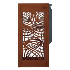 Vooraanzicht van BELLA 110L buitenafvalbak met corten-effect, decoratief uitgesneden paneel en ongediertewerende constructie.