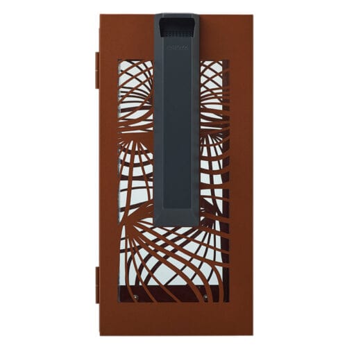 Achteraanzicht van BELLA 110L afvalbak met geïntegreerde asbak, corten-effect afwerking en stevige buitenconstructie.