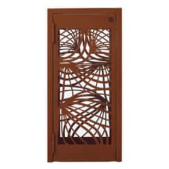 Vooraanzicht van BELLA afvalbak 110L met cortenstaal-effect en decoratief bladontwerp voor buitengebruik.