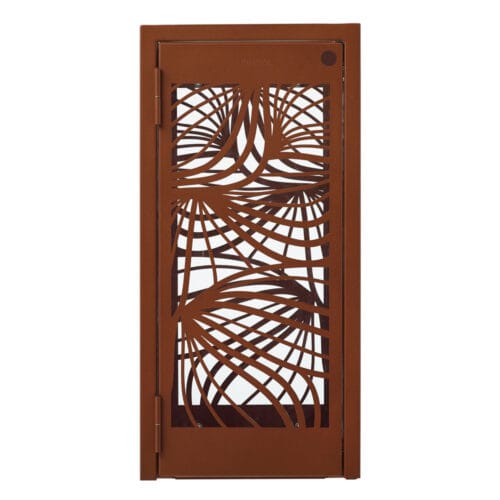 Vooraanzicht van BELLA afvalbak 110L met cortenstaal-effect en decoratief bladontwerp voor buitengebruik.